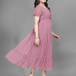 QENA Women Self Design Puff Sleeve Georgette Fit & Flare Midi Dress image 4