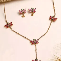 KARATCART Gold-Plated Red and Green Stone Lotus Necklace & Earrings Jewellery Set-picture-30