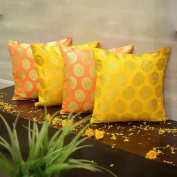 RoyalDeco Yellow & Beige 4 Pieces Ethnic Motifs Brocade Square Cushion Covers-picture-39