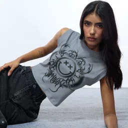 The Souled Store Smiley Women Graphic Printed Sleeveless Cotton Crop Top-image-53