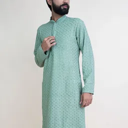 KUNDALI KAKSHAY Men Ethnic Motifs Embroidered Regular Sequinned Kurta with Trousers image 3