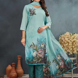 TWINS LADY Floral Printed V-Neck Three-Quarter Sleeves Kurta With Trouser With Dupatta image 5