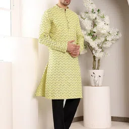 MULTI SHADES Chevron Mandarin Collar Thread Work Pure Cotton Straight Kurta With Churidar image 3