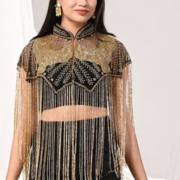 JEDCO Embroidered Self Design Mandarin Collar Short Sleeves Waterfall Shrug-picture-17