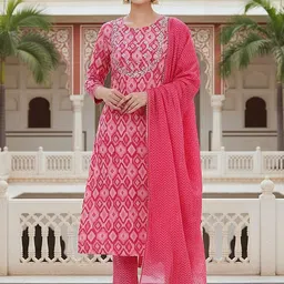 KALINI Geometric Printed Gotta Patti Pure Cotton Straight Kurta With Trouser & Dupatta-image-58