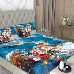 Pure Decor Blue & Multicoloured Floral 130 TC Queen Bedsheet with 2 Pillow Covers-picture-22