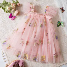 INCLUD Girls Floral Embroidered Flutter Sleeve Tulle A-Line Dress With Appliqued Butterfly-picture-23