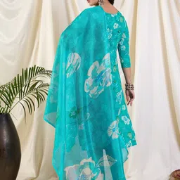 Katn India Women Floral Printed Regular Thread Work Kurta with Trousers & With Dupatta image 3