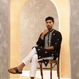 Anouk Geometric Embroidered Thread Work Cotton Silk StraightKurta with Pyjamas image 5