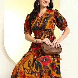 PTVIZE Women Abstract Print Puff Sleeve Crepe Fit & Flare Midi Dress image 4