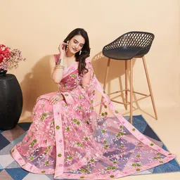 HERE&NOW Mauve & Green Floral Embroidered Net Saree image 5