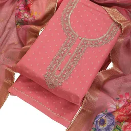 TAVAS Floral Embroidered Zari Work Chanderi Silk Unstitched Dress Material image 2