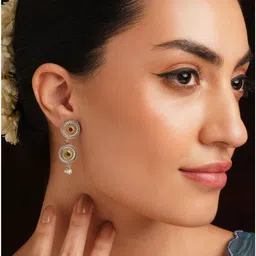 JAYPORE Artificial Stones Studded And Beaded Circular Shaped Drop Earrings image 2