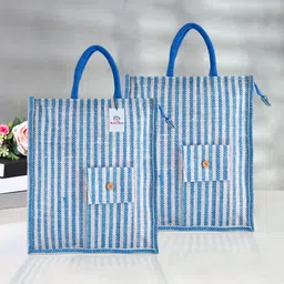 heart home Jute Lining Front Pocket Carry Shopping Bag with Handle|Medium|Pack of 2|Blue Pack of 2 Grocery Bags image 1