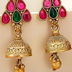 Zeviel Gold-Plated Artificial Stones Studded And Beaded Dome Shaped Jhumkas image 2