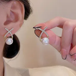 PolluxCraft Gold-Plated Pearls Beaded Contemporary Korean Studs image 3