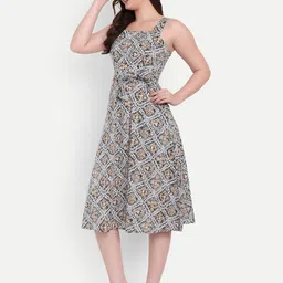 FairLeaf Women Geometric Printed Bow Smocked Fit & Flare Dress image 2