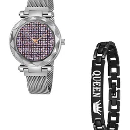 CSAMON Women Embellished Dial Analogue Watch GR_379_Silver_Pink Zari Queen Bracelet-image-32