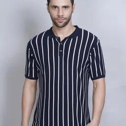PULAKIN Striped Polo Collar Pure Cotton T-Shirt-image-2