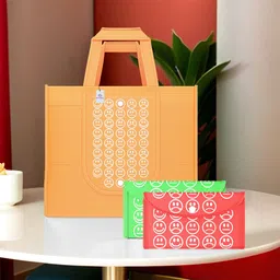heart home Pack of 3 Smile Foldable Shopping Bags For Women | Orange, Green & Red image 1
