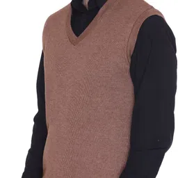 fashstore Men Solid V Neck Beige Sweater image 3
