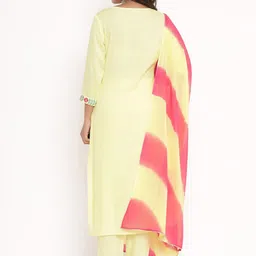 VEDANA Women Yellow & Red Embroidered Regular Thread Work Kurta with Trousers & Dupatta image 3