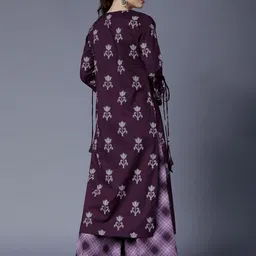 Vishudh Women Purple & Grey Printed Kurta with Checked Palazzos image 5