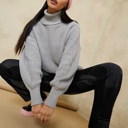 Styli Women Grey Striped Turtle Neck Pullover Sweater image 5