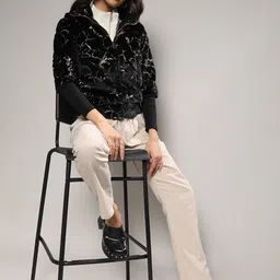 Campus Sutra Black Self Design Windcheater Fur Trim Bomber Jacket image 2