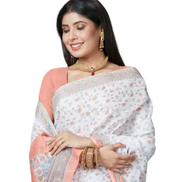 SHANVIKA Off White & Coral Floral Pure Cotton  Block Print Saree image 5
