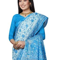 SHANVIKA Blue & White Floral Pure Cotton  Block Print Saree image 5