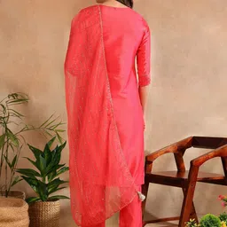 KALINI Floral Embroidered Beads and Stones Kurta With Trousers & Dupatta image 4