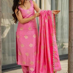 KINDHA Women Ethnic Motifs Regular Pure Silk Kurta with Trousers & With Dupatta-picture-24