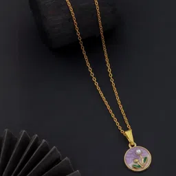 SZN Set Of 2 Gold-Plated Stones & Pearls Studded Circular Enamelled Pendants With Chains image 3