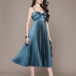 Label Ritu Kumar Accordion Pleats Ruched Shoulder Straps Satin Fit & Flare Midi Dress-image-31