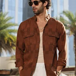 Campus Sutra Men Classic Fit Mandarin Collar Textured Cotton Casual Shirt-picture-21