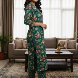 KALINI Women Floral Printed Regular Pure Cotton Kurta with Trousers & With Dupatta image 3