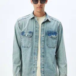 Koton Men Washed Longline Denim Jacket with Embroidered-image-84
