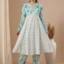 FASHOR Women Floral Printed Panelled Sequinned Pure Cotton Kurta with Trousers-picture-23