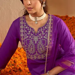 Indo Era Women Embroidered Regular Liva Kurta with Trousers & With Dupatta image 2
