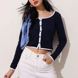 STREET 9 Ribbed Scoop Neck Cotton Denim Crop Top-picture-15