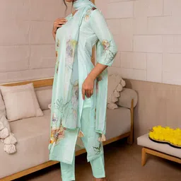 KALINI Floral Printed Straight Kurta with Trousers & Dupatta image 3