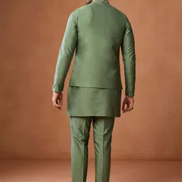 KISAH Men Green Silk Blend With Geometric Dotted Embroidered Woven Nehru Jackets image 2