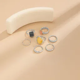 StyleCast x Revolte Women Set Of 7 Silver-Plated Stone Studded Finger Rings-image-2