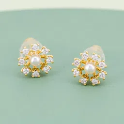 Kushal's Fashion Jewellery Gold-Plated Zircon Studded & Pearls Beaded Floral Studs-picture-44