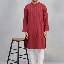 Fabindia Striped Band Collar Pure Cotton Straight Kurta-picture-29