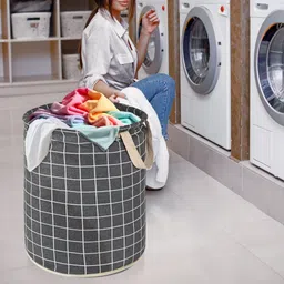 homestic Cotton Checks Cotton 45L Foldable Toys Organizer for Kids Room | Dark Grey Storage Basket image 2