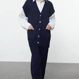 Trendyol Ribbed V-Neck Acrylic Cardigan And Trouser image 2