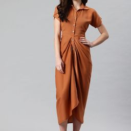 Cottinfab Solid Printed Asymmetric Hem Shirt Midi Dress with Gathered Detail-picture-25