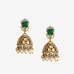 Kushal's Fashion Jewellery Victorian-Plated Dome Shaped Kundan Studded Jhumkas image 2